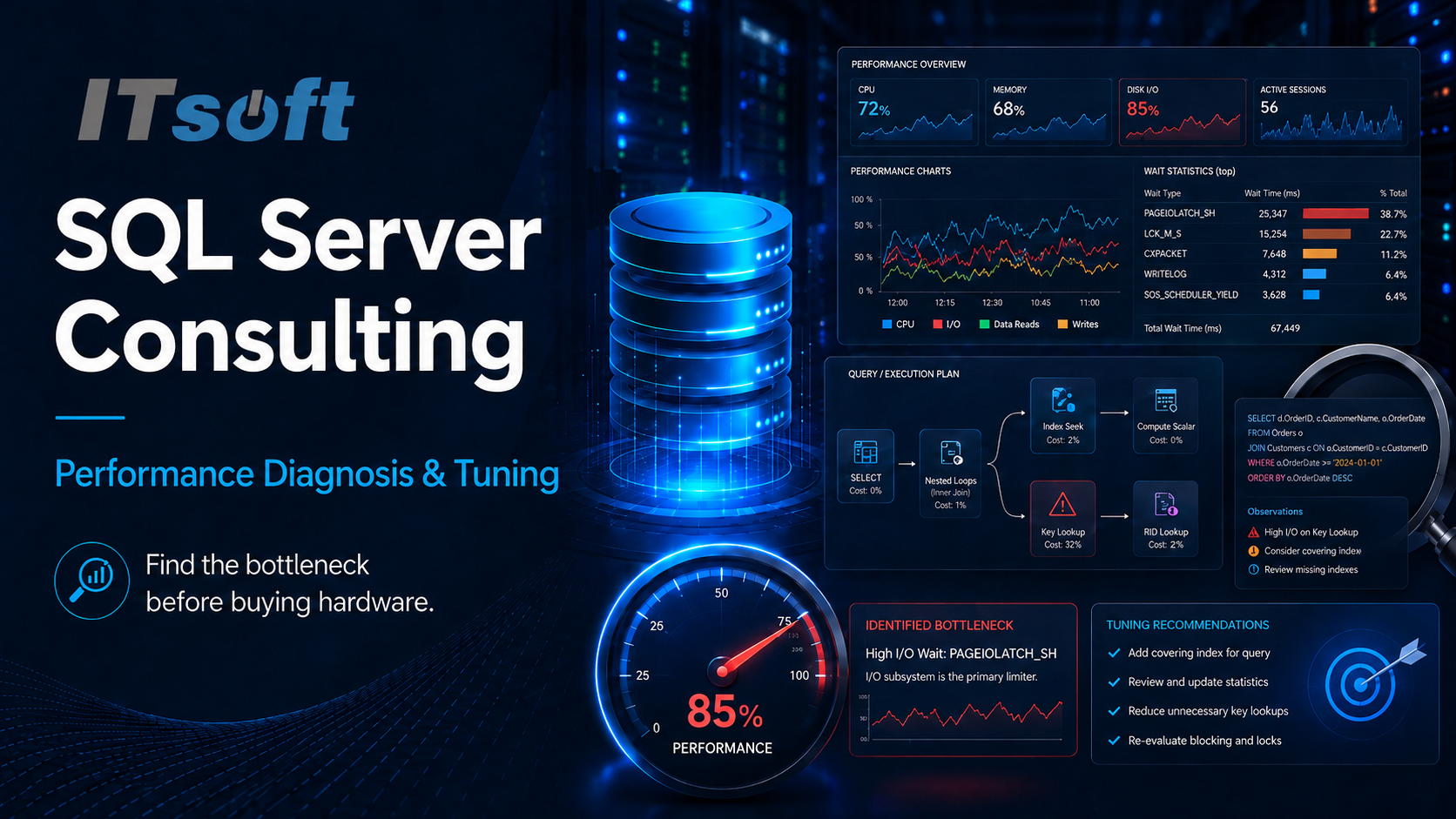SQL Server performance diagnosis and tuning showing database bottleneck analysis