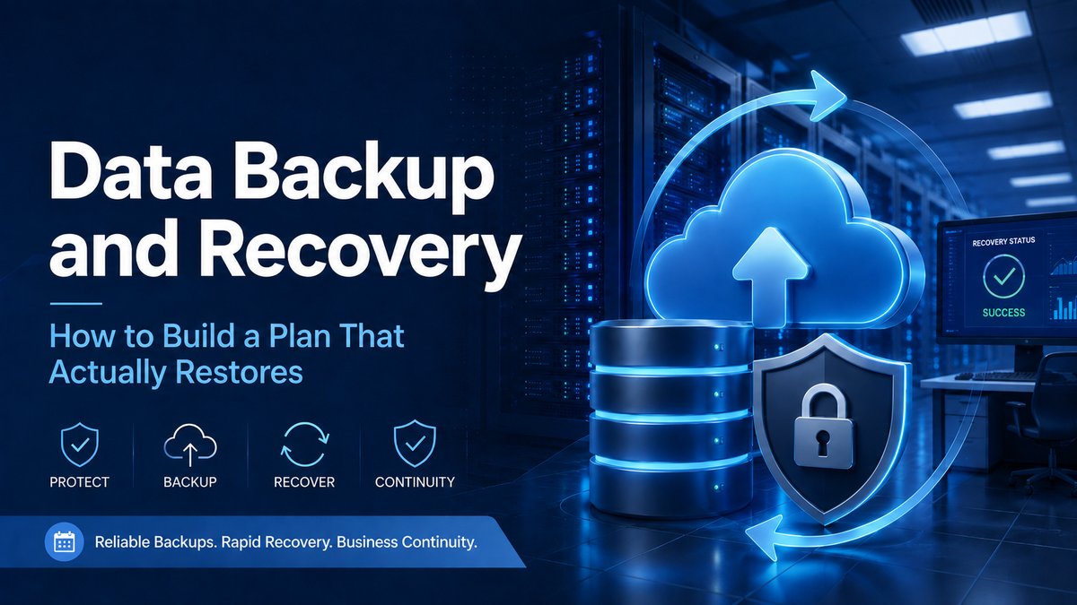 Data backup and recovery concept showing a server database, cloud upload, and security shield with a recovery status screen reading Success.