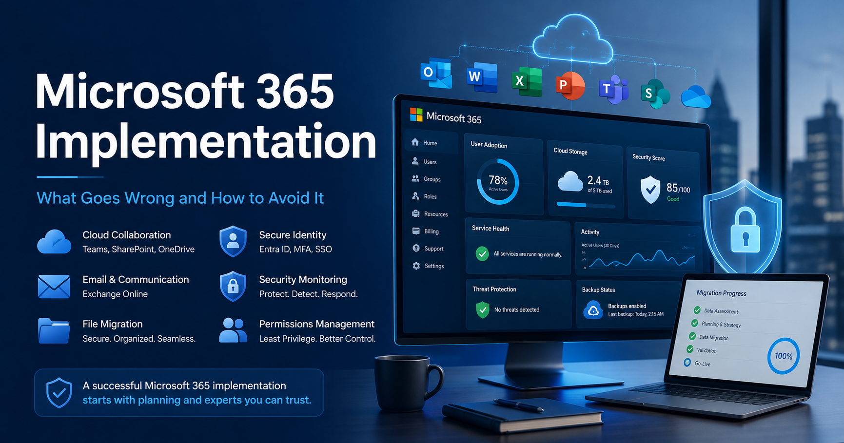 Microsoft 365 implementation showing security, identity, backup, permissions, and migration planning