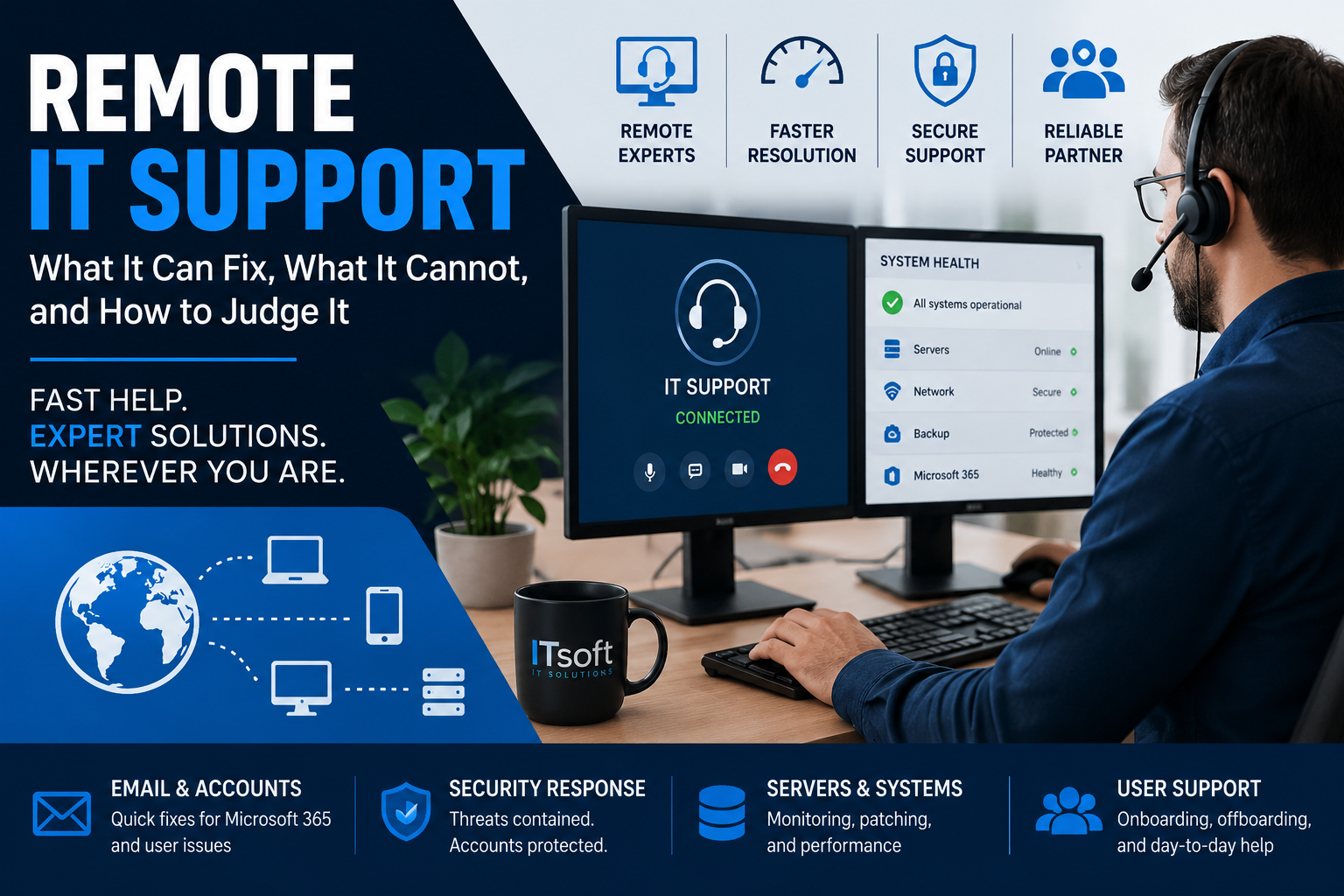 Remote IT support technician providing secure business help desk, server, Microsoft 365, and user support