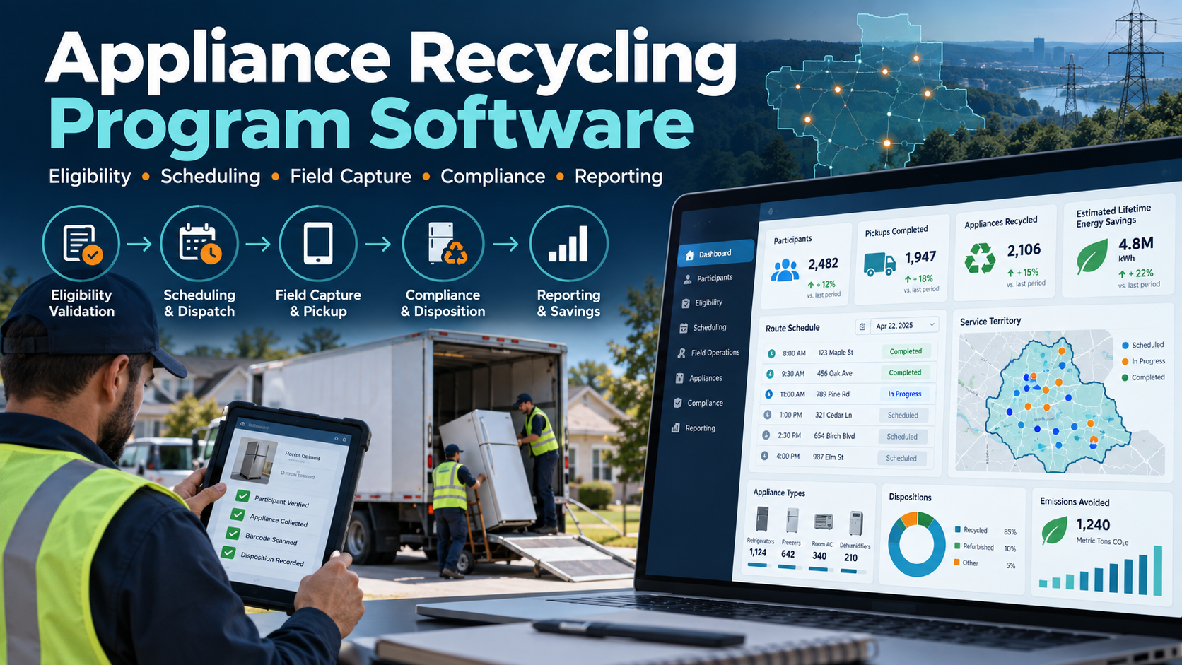 Appliance recycling program software for utility scheduling, field data capture, compliance, and reporting