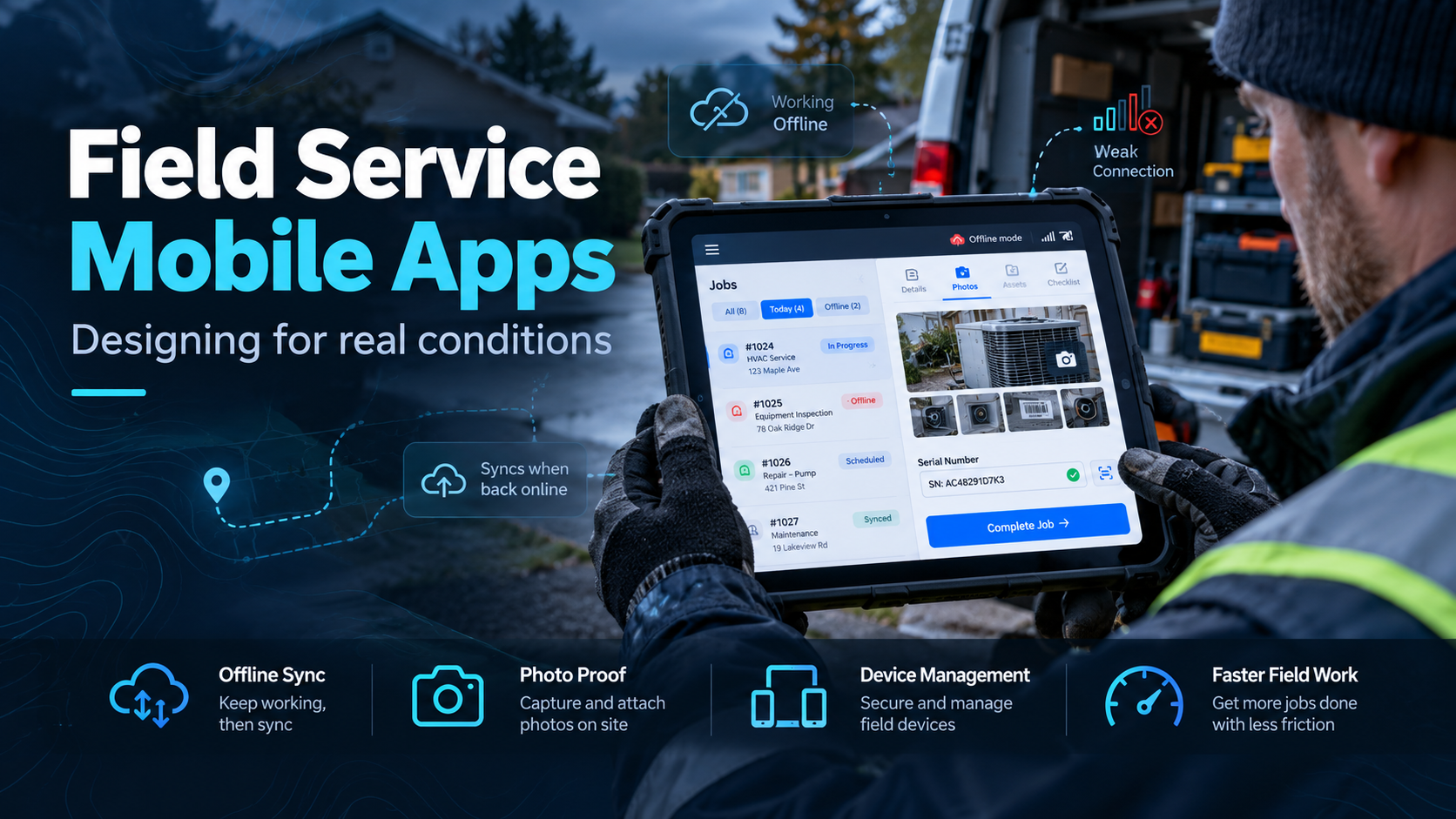 Field service mobile app used on a rugged tablet with offline sync, photo capture, device management, and job tracking