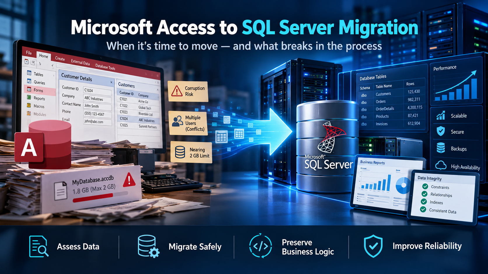 Microsoft Access to SQL Server migration showing database assessment, safer migration, preserved business logic, and improved reliability